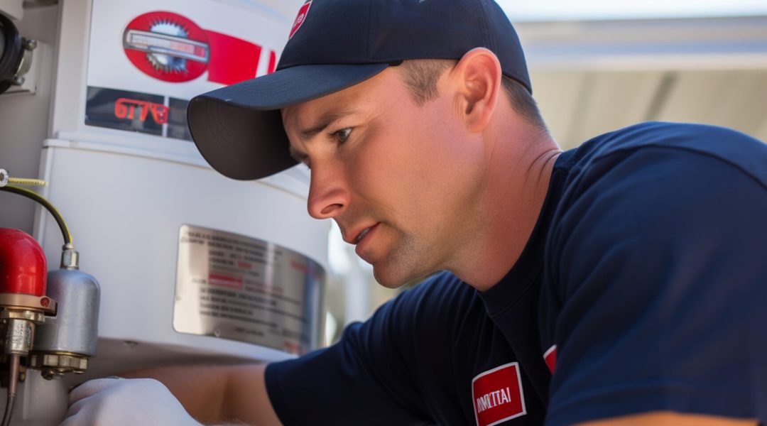 Professional plumber checking a boiler and pipes, boiler service concept